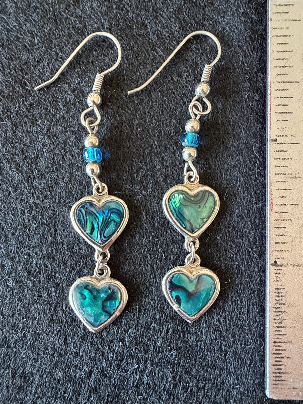 Abalone Boho Dangle Heart Earring. 3” Double Dangle Hearts With Abalone